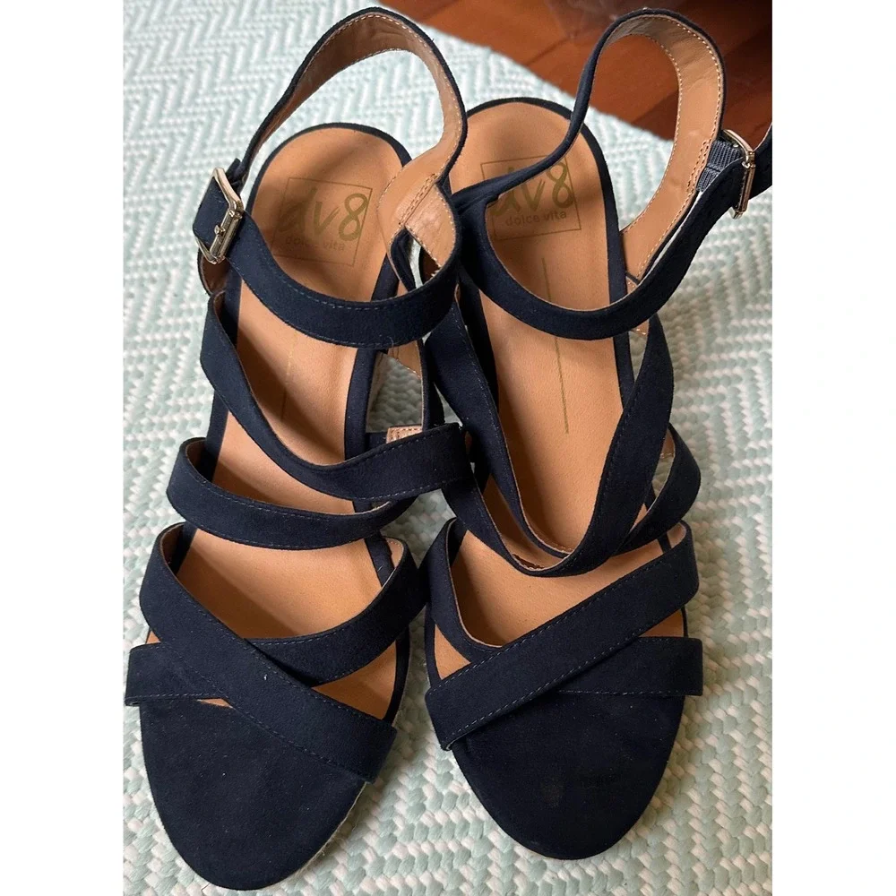 Dolce Vita Navy Suede Espadrille‎ Wedge Sandals Strappy Ankle Strap Size 9
